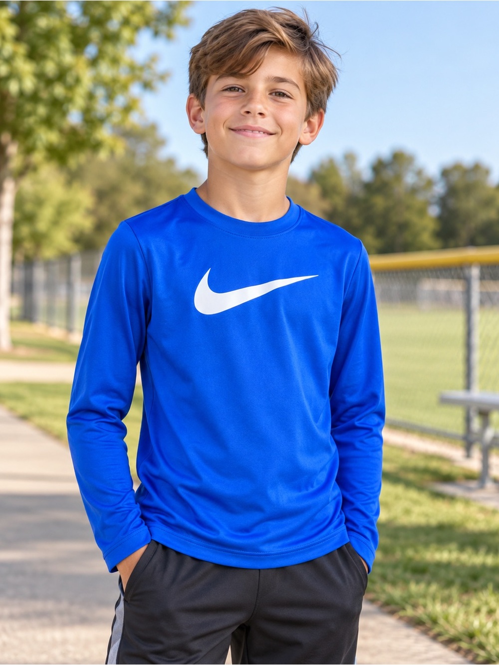 Nike Boys Dri-FIT Long Sleeve Swoosh Tee Blue Size M NWT